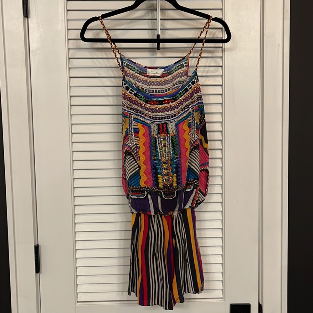 Camilla Shoestring Multi Color Silk Rhinestone Romper sz L - Picture 4 of 9